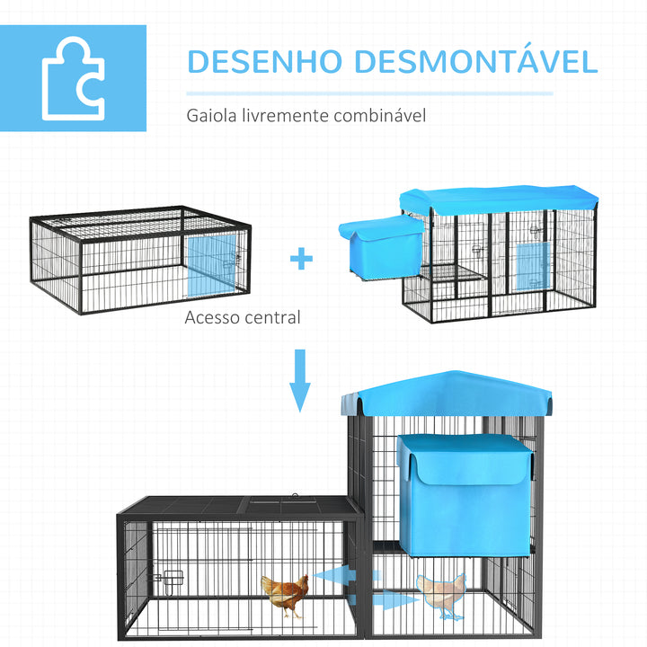 Galinheiro de Metal para 6-10 Galinhas Galinheiro Resistente para Exterior com Toldo Grade de Arame Ninho Múltiplas Portas e Plataforma 200x165,5x103cm Preto e Azul