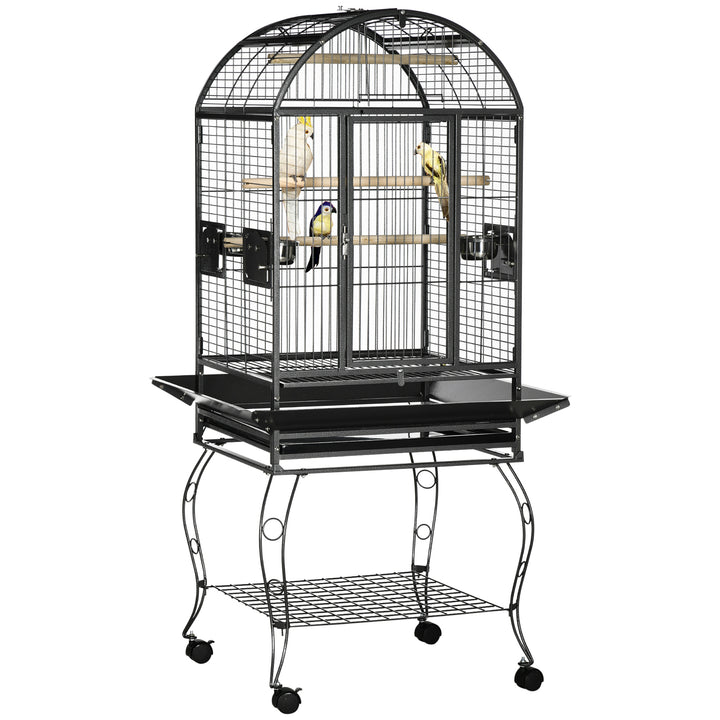 Gaiola para Pássaros Gaiola de Metal para Aves com 2 Portas Poleiros Bandeja Amovível e 4 Rodas 80x76,5x168 cm Cinza Escuro
