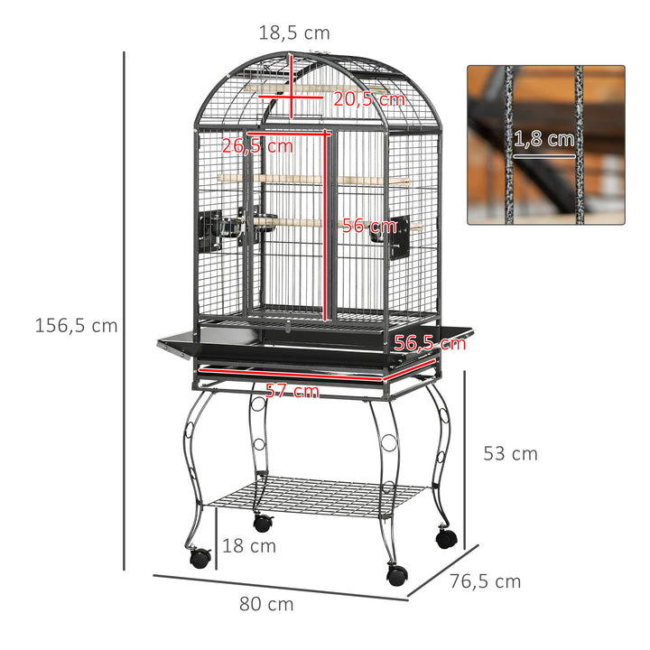 Gaiola para Pássaros Gaiola de Metal para Aves com 2 Portas Poleiros Bandeja Amovível e 4 Rodas 80x76,5x168 cm Cinza Escuro