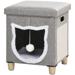 Cama Caverna para Gatos 2 em 1 Casa para Gatos Interior Tipo Apoio para os Pés com Almofada Amovível Bola Suspensa e Almofada para Arranhar 35,5x35,5x42,5 cm Cinza