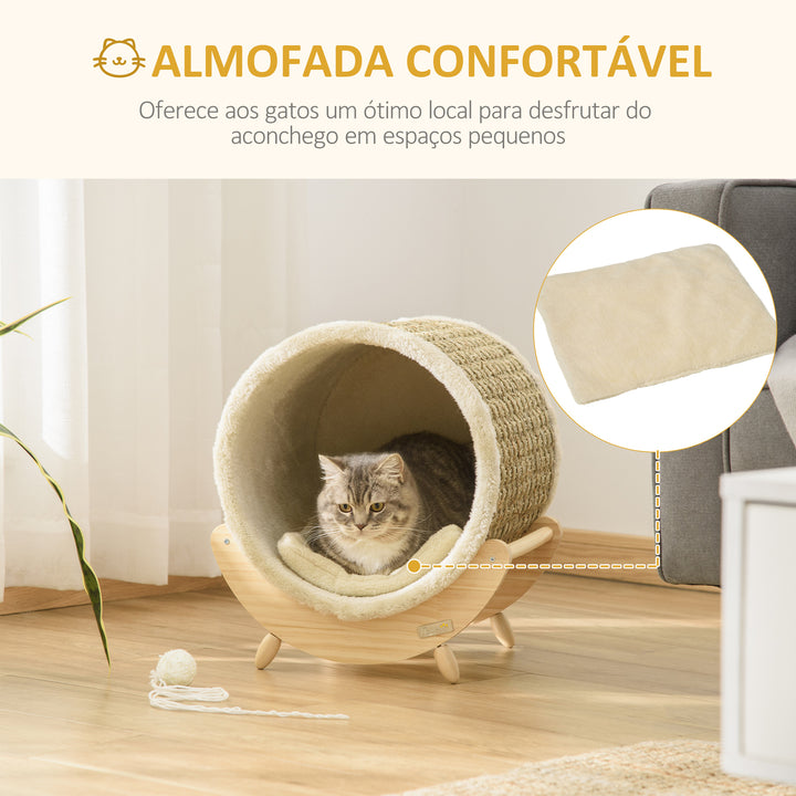 Cama Elevada para Gatos Caverna para Animais de Estimação Aparência de Barril com Superfície de Corda de Algas para Arranhar Almofada e 4 Pés de Madeira 41x38x43cm Madeira