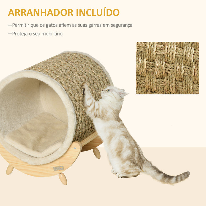 Cama Elevada para Gatos Caverna para Animais de Estimação Aparência de Barril com Superfície de Corda de Algas para Arranhar Almofada e 4 Pés de Madeira 41x38x43cm Madeira