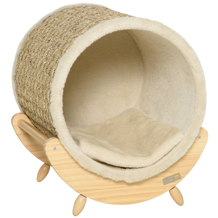 Cama Elevada para Gatos Caverna para Animais de Estimação Aparência de Barril com Superfície de Corda de Algas para Arranhar Almofada e 4 Pés de Madeira 41x38x43cm Madeira