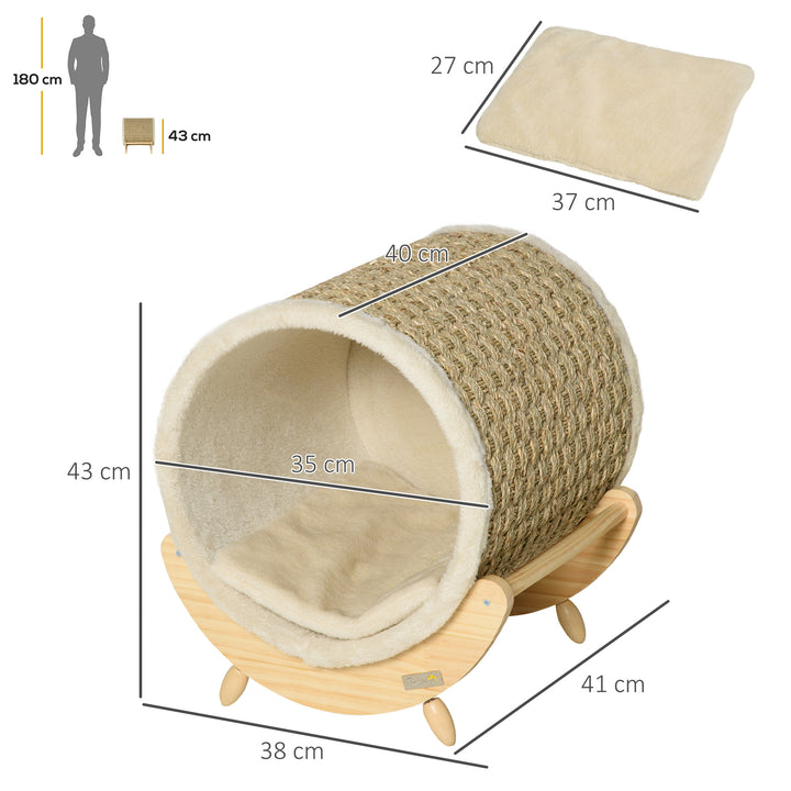 Cama Elevada para Gatos Caverna para Animais de Estimação Aparência de Barril com Superfície de Corda de Algas para Arranhar Almofada e 4 Pés de Madeira 41x38x43cm Madeira