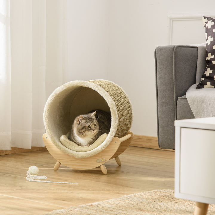 Cama Elevada para Gatos Caverna para Animais de Estimação Aparência de Barril com Superfície de Corda de Algas para Arranhar Almofada e 4 Pés de Madeira 41x38x43cm Madeira