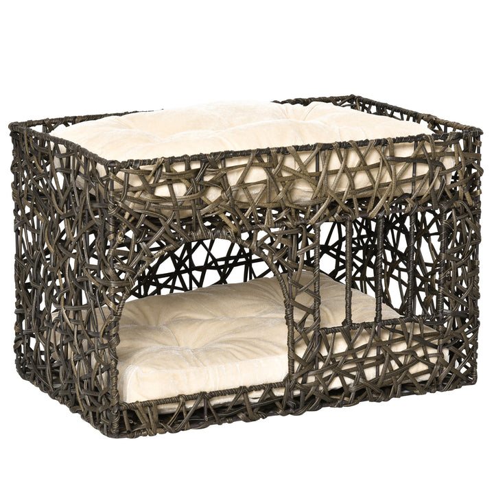 Cesta de Vime para Gatos de 2 Alturas Cama Caverna de Gatos com 2 Almofadas Suaves e Janela 56x41x45cm Café Escuro