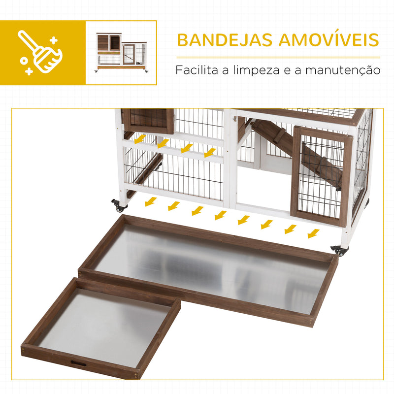 Coelheira de Madeira Interior com Rodas Gaiola para Coelhos Animais Pequenos de 2 Pisos com Área Aberta Rampa e 2 Bandejas Removíveis 110x50x86cm Marrom