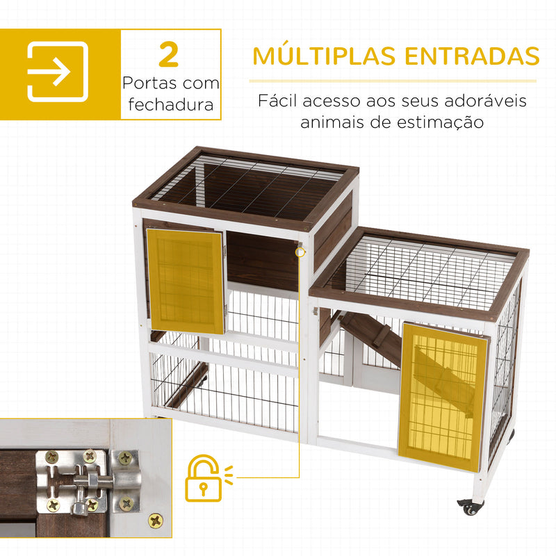 Coelheira de Madeira Interior com Rodas Gaiola para Coelhos Animais Pequenos de 2 Pisos com Área Aberta Rampa e 2 Bandejas Removíveis 110x50x86cm Marrom