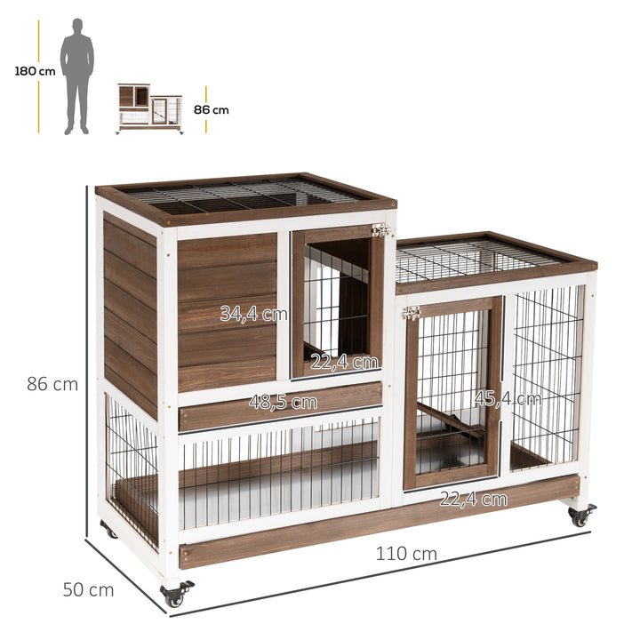 Coelheira de Madeira Interior com Rodas Gaiola para Coelhos Animais Pequenos de 2 Pisos com Área Aberta Rampa e 2 Bandejas Removíveis 110x50x86cm Marrom
