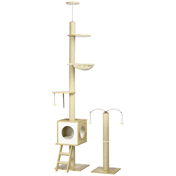 Árvore para Gatos do Chão ao Teto 220-260cm Árvore Arranhador para Gatos com Altura Ajustável Plataformas Rede Caverna Poste de Juta Rampa e Bolas Suspensas 40x40225-285cm Bege