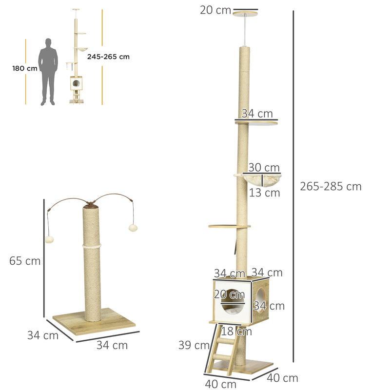 Árvore para Gatos do Chão ao Teto 220-260cm Árvore Arranhador para Gatos com Altura Ajustável Plataformas Rede Caverna Poste de Juta Rampa e Bolas Suspensas 40x40225-285cm Bege