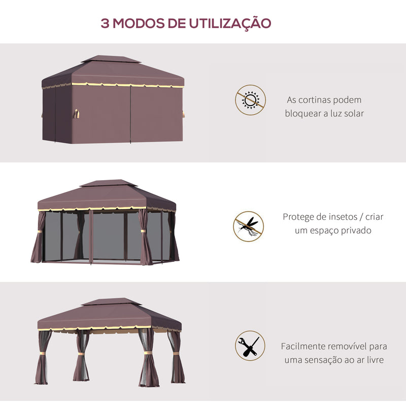 Pérgola de Jardim 4x3m Pérgola de Alumínio com Teto de Ventilação 4 Cortinas Laterais Tela Mosquiteira e 8 Orifícios de Drenagem para Exterior Pátio Festas Marrom