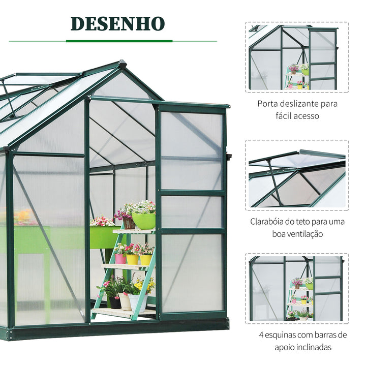 Estufa de Jardim 2x2,5m de Policarbonato e Alumínio Estufa com Clarabóia Proteção UV 30 e Base 4,79 m² para Vasos Cultivos de Plantas e Flores Transparente