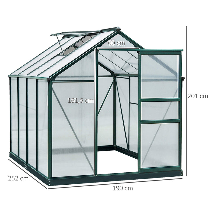 Estufa de Jardim 2x2,5m de Policarbonato e Alumínio Estufa com Clarabóia Proteção UV 30 e Base 4,79 m² para Vasos Cultivos de Plantas e Flores Transparente