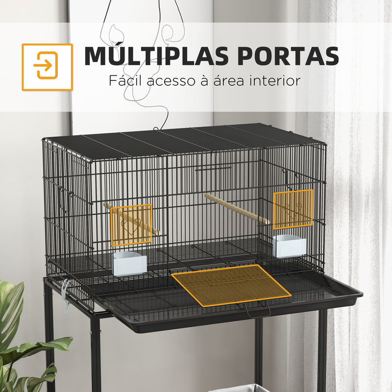 Gaiola para Pássaros com Rodas 77x46x119 cm Gaiola de Metal para Pássaros com Bandeja Amovível 2 Poleiros 2 Comedouros e Prateleira de Armazenamento para Periquitos Canários Preto