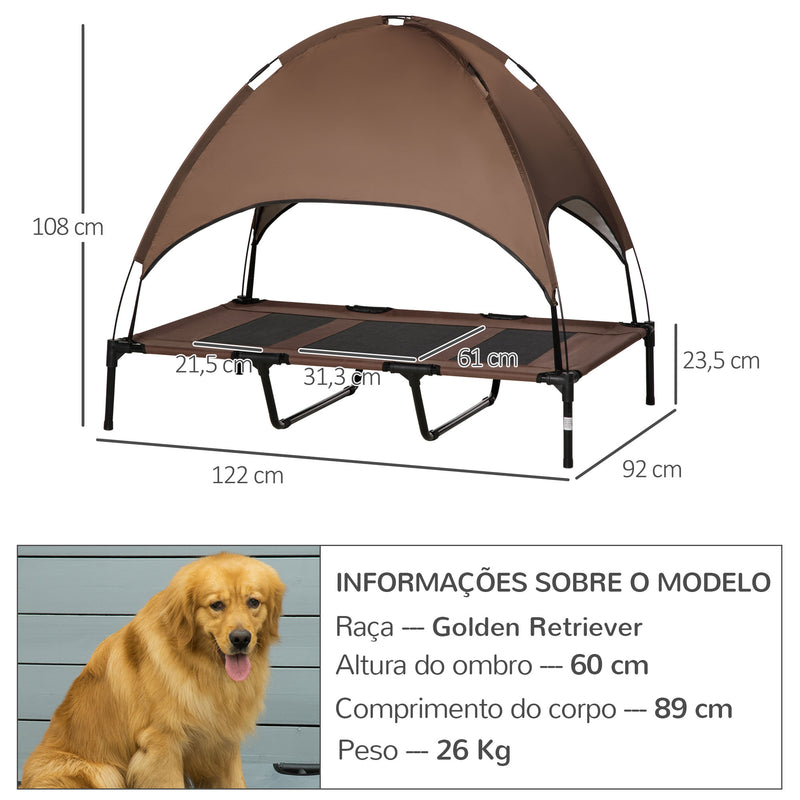 Cama Elevada para Animais de Estimação Portátil com Toldo Amovível Tecido Respirável para Interior e Exterior 122x92x108cm Marrom