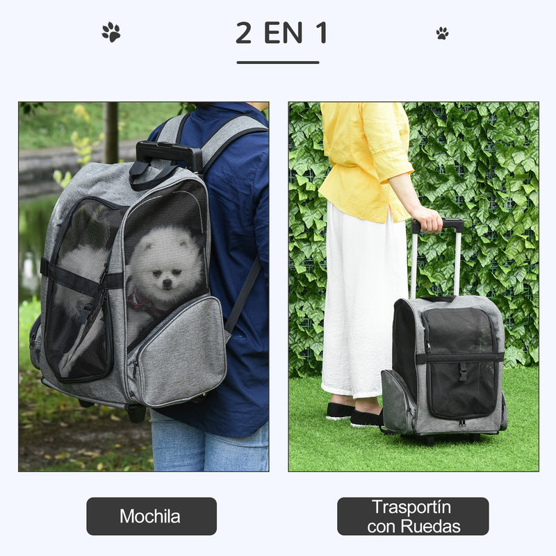 Transportadora Carrinho para Animais de Estimação 2 em 1 Mochila de Viagem com 2 Rodas para Cães Gatos com Alça Retrátil de Alumínio e Bolso de Armazenamento 42x25x55cm Cinza