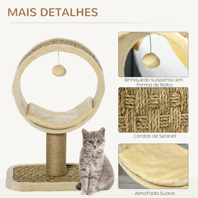 Árvore Arranhador para Gatos com Túnel Superior Poste Arranhador de Juta Natural Almofada Removível e Brinquedo Suspenso 40x30x56cm Bege