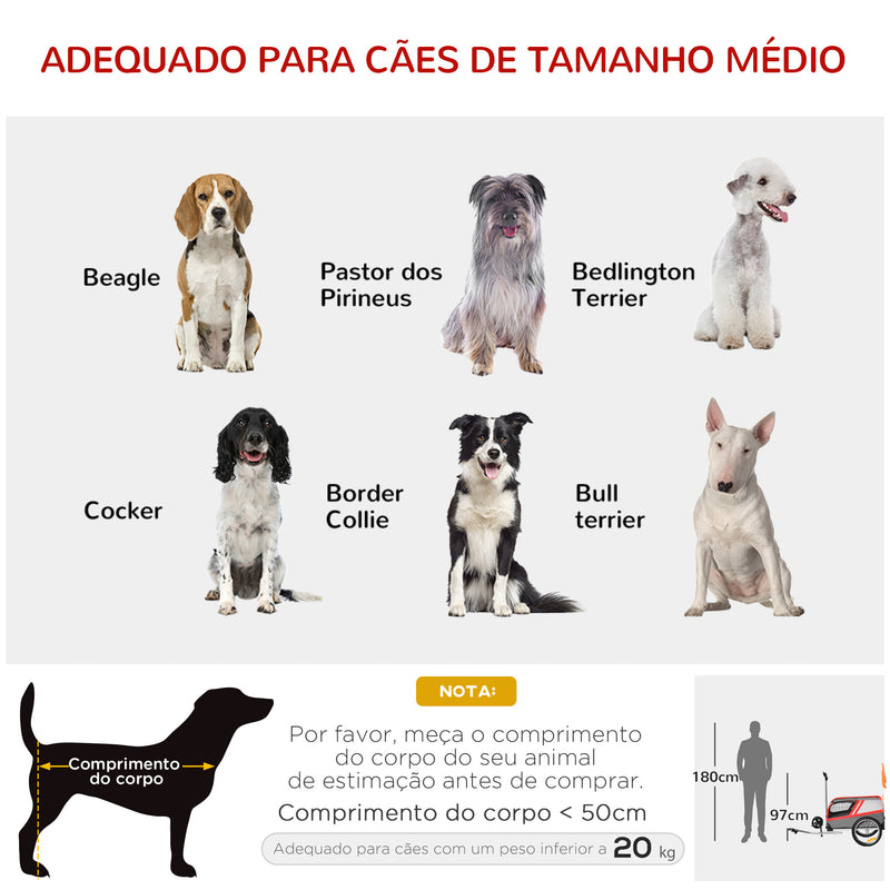 Reboque de Bicicleta para Cães 2 em 1 Carrinho para Animais de Estimação com Porta Enrolável Cinto de Segurança Bandeira e Refletores 130x64x92cm Vermelho e Cinza