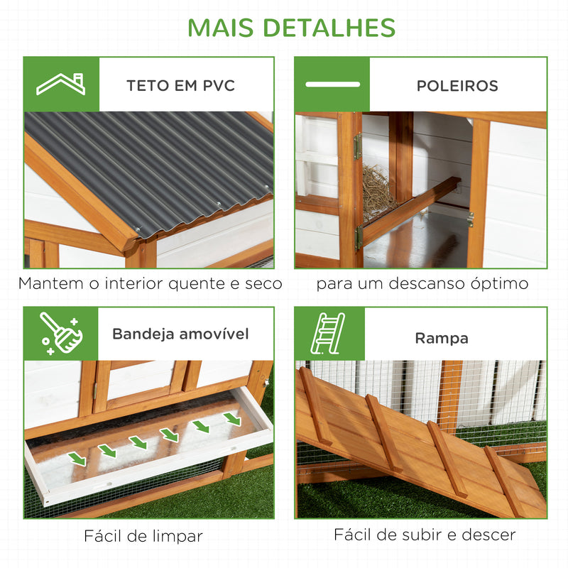 Galinheiro de Madeira para Exterior 181x79,5x117,5cm Galinheiro para 2-4 Galinhas com Teto Resistente à Água Cercado de Metal 2 Poleiros Ninho Bandeja Amovível e Rampa Madeira