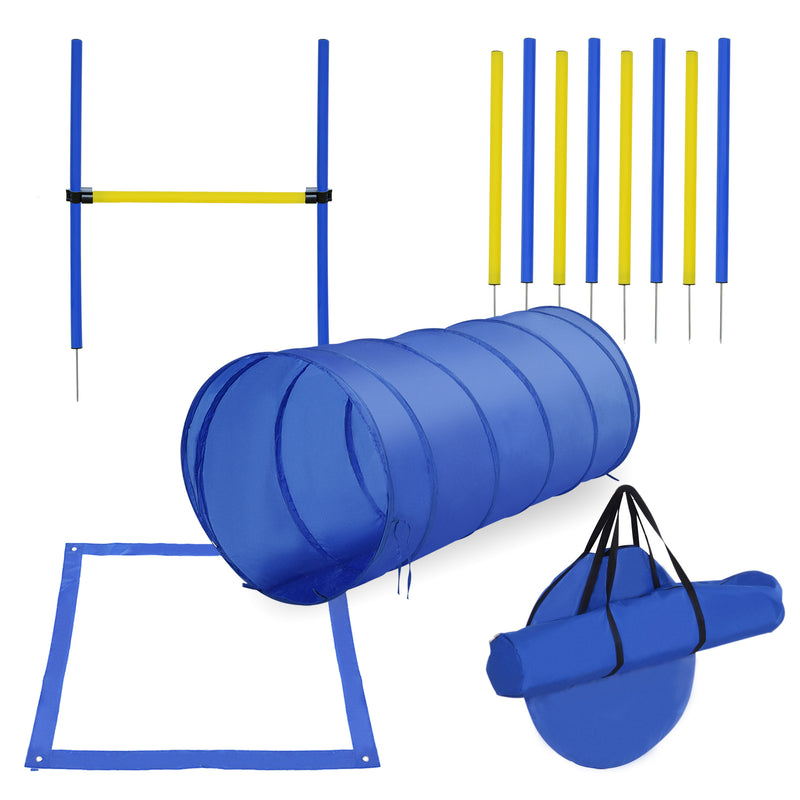 Kit Treino Agility Agilidade Cães Salto Túnel e Slalom Azul Amarelo