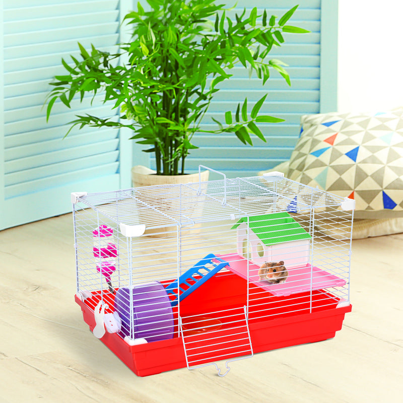 Gaiola para Hamster Casa para Hamster 47x30x27cm com 1 Andar Comedouro Bebedouro Rampa Roda de Exercício para Pequenos Animais Branco e Vermelho