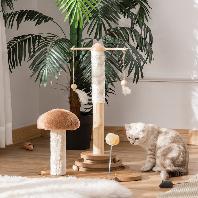 Arranhador para Gatos com Postes de Sisal em Forma de Cogumelo Brinquedo Suspenso Penas Pista de Bolas de Madeira e Bola com Mola 46x44x56,5cm Marrom e Bege