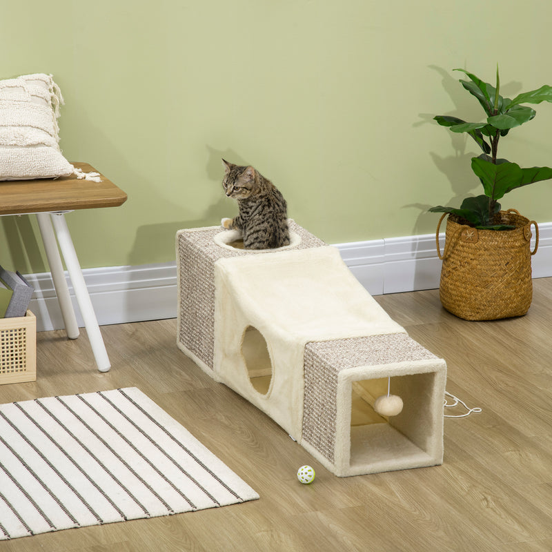 Túnel para Gatos com Bola Supensa Túnel para Gatos Dobrável com Múltiplas Entradas Caverna de Sisal 98x30x30 cm Creme e Cinza