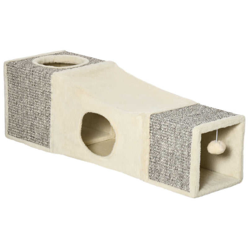 Túnel para Gatos com Bola Supensa Túnel para Gatos Dobrável com Múltiplas Entradas Caverna de Sisal 98x30x30 cm Creme e Cinza