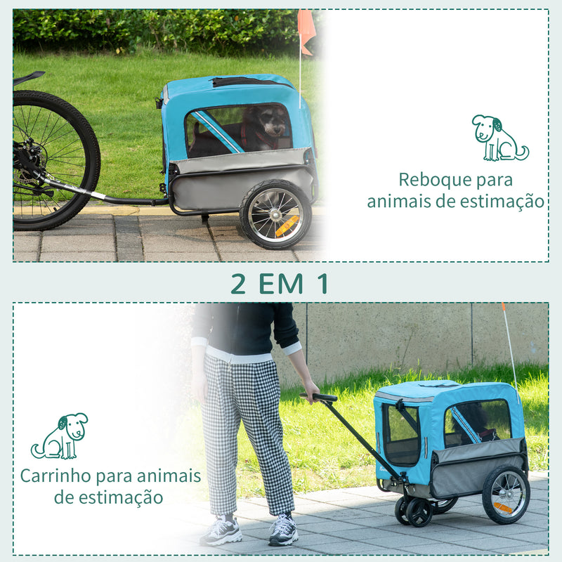 Reboque de Bicicleta para Cães 2 em 1 Carrinho para Animais de Estimação com Cinto de Segurança Guiador de Empurre Removível Bandeira e Refletores Carga Máxima 10kg 129x55,5x92cm Azul