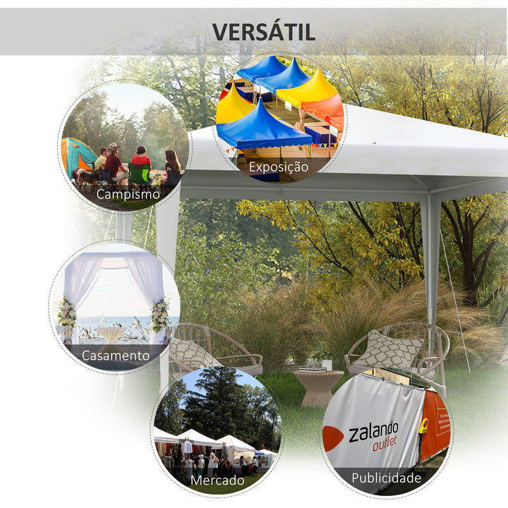 Tenda de Jardim Desmontável 293x293 cm Tenda para Exteriores com 4 Orifícios de Drenagem e Tubo de Aço para Casamentos Campismo Festas Branco