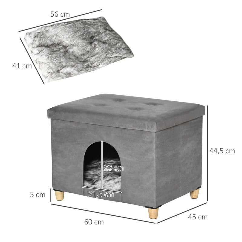 Caverna para Gatos Dobrável 2 em 1 Banco para Apoio dos Pés com Tampa Removível Orifício de Entrada Almofada Lavável e Pés Elevados de Madeira para Interior 60x45x44,5cm Cinza