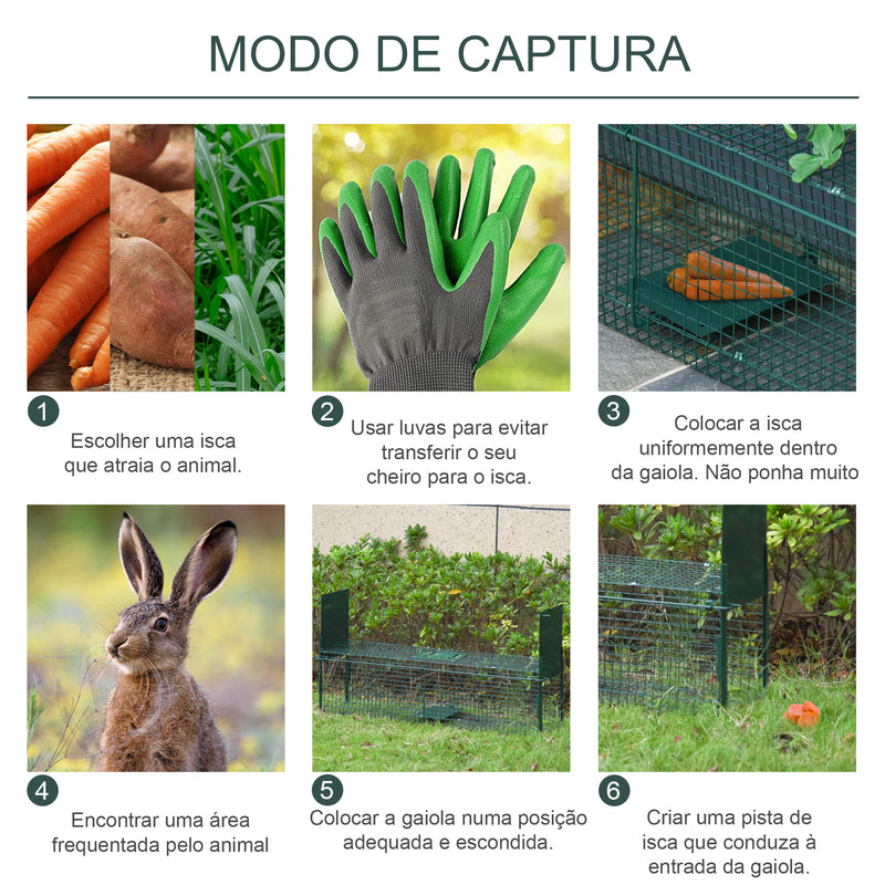 Armadilha para Animais Vivos com Porta Gaiola de Captura com Alça de Transporte para Coelhos Raposas Pequenas 80x25x30cm Verde Escuro