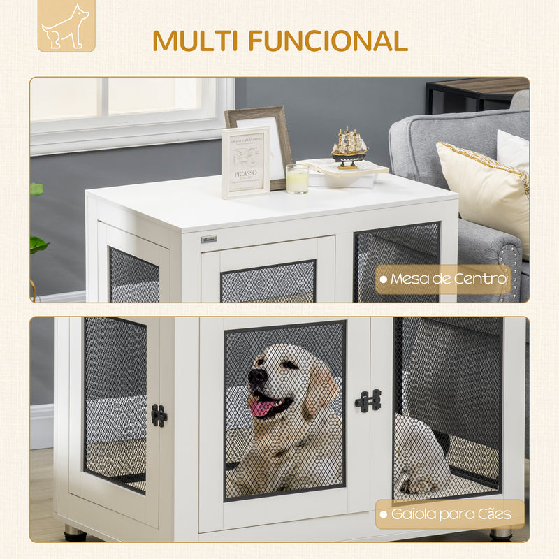 Gaiola para Cães de Madeira Mesa de Centro 94x60x71,5cm Móvel com 2 Portas com Fechadura Almofada de Tecido Oxford e Grades de Aço Branco