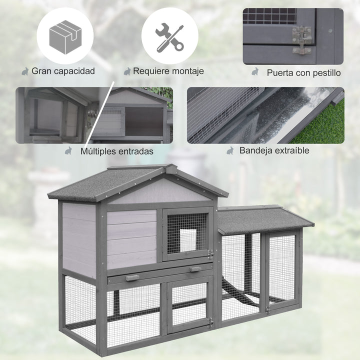 Casa para Coelhos de Madeira Coelheira para Exterior com Bandeja Removível 147x54x84cm Cinza