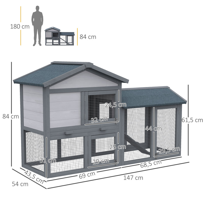 Casa para Coelhos de Madeira Coelheira para Exterior com Bandeja Removível 147x54x84cm Cinza