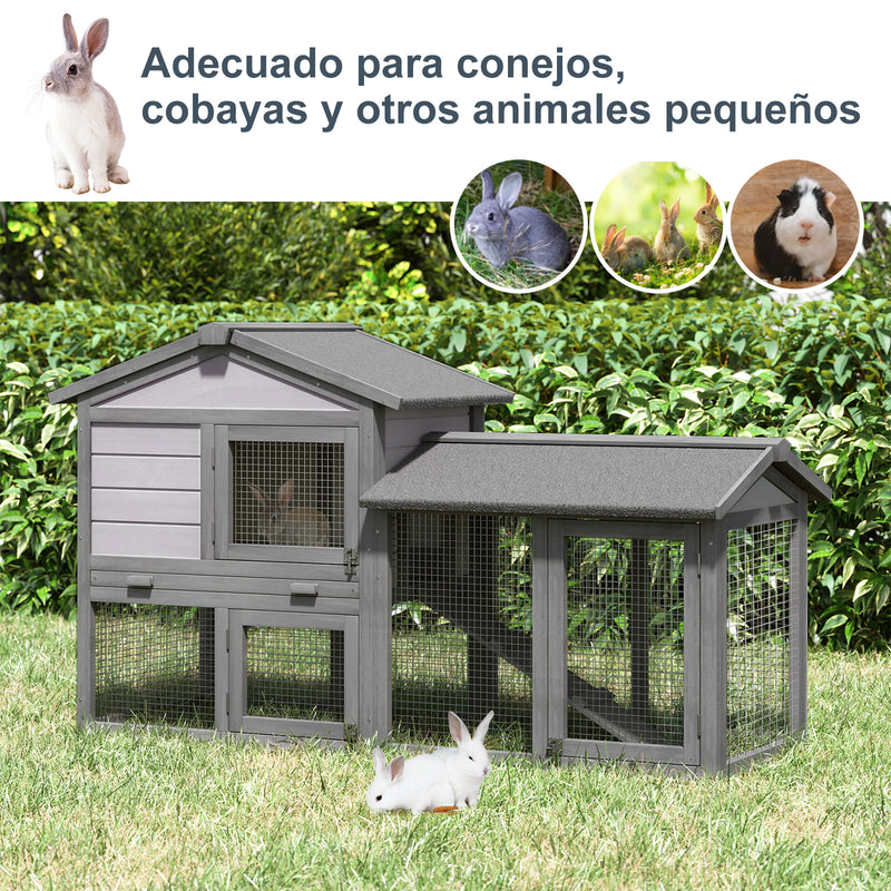 Casa para Coelhos de Madeira Coelheira para Exterior com Bandeja Removível 147x54x84cm Cinza