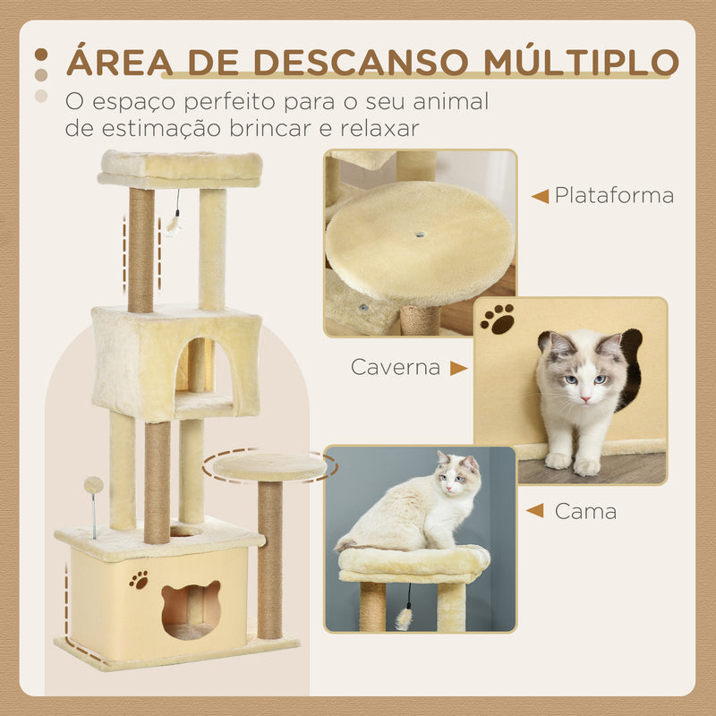 Árvore Arranhador para Gatos Centro de Atividades com Plataformas Cavernas de Felpa Suave Postes para Arranhar de Juta Bola Brinquedo Suspenso 60x34x136cm Bege