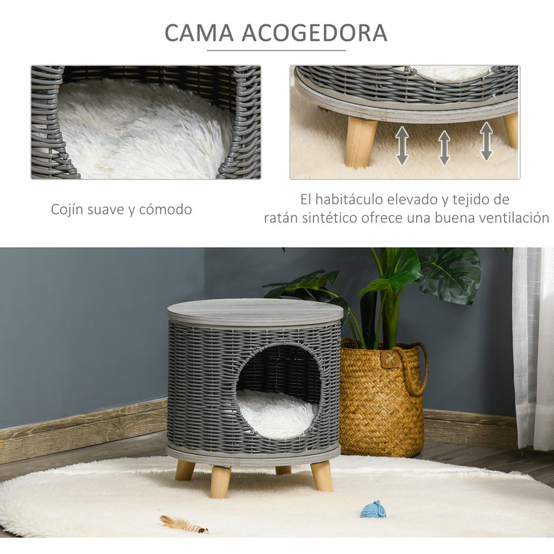 Caverna para Gatos de Vime Casa para Gatos Redonda com Tapete Lavável Pés de Madeira de Pinho Removíveis Ø36x40,5cm Cinza