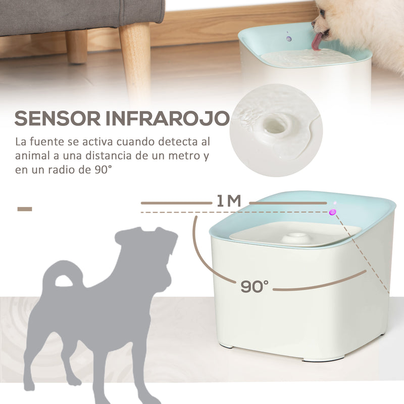 Dispensador de Água para Gatos 3L Fonte de Água Automática para Cães e Gatos com Sensor Infravermelho 3 Modos e Luz Indicadora LED 21x20x18cm Branco e Azul