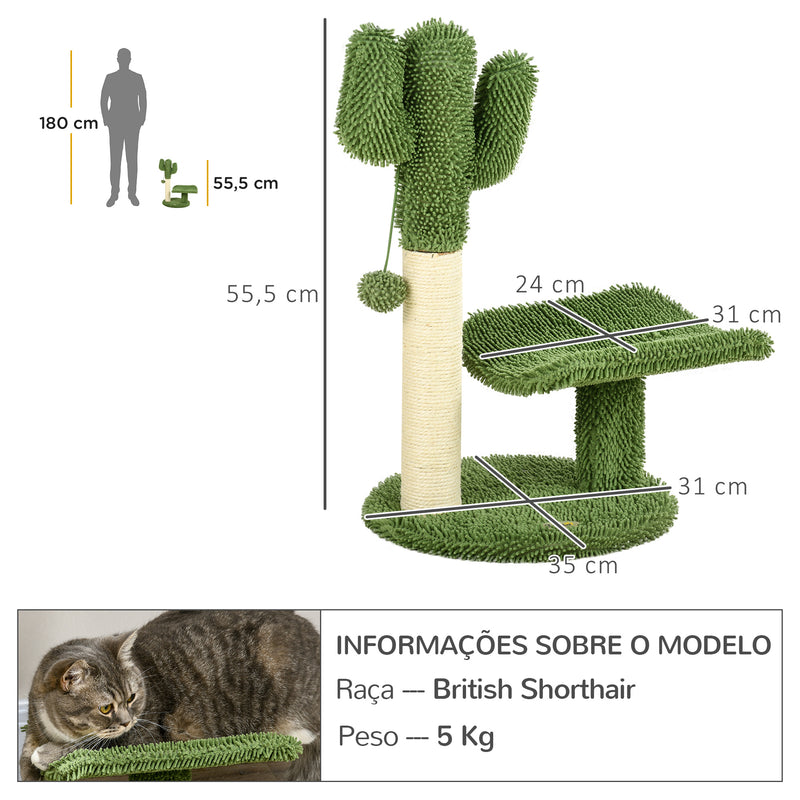 Arranhador para Gatos em Forma de Cactus de 55,5 cm Torre para Gatos com Poste de Sisal Cama e Bola de Brinquedo 35x31x55,5 cm Verde