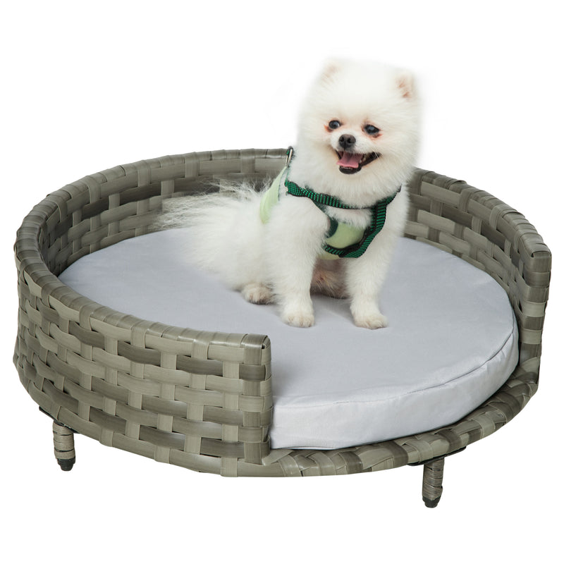 Sofá Cama para Cães e Gatos de Vime PE Cama Elevada Redonda para Animais de Estimação com Almofada Suave Lavável para Interior e Exterior 60x60x20cm Cinza