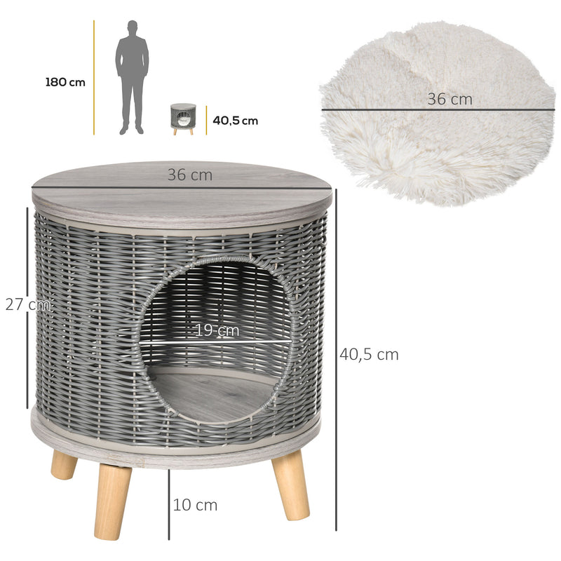 Caverna para Gatos de Vime Casa para Gatos Redonda com Tapete Lavável Pés de Madeira de Pinho Removíveis Ø36x40,5cm Cinza