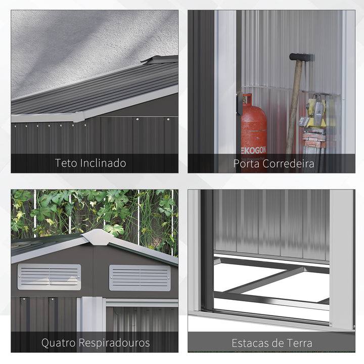 Abrigo de Jardim de 2m² 152x132x188cm Abrigo de Exterior de Aço Galvanizado com Porta Corredeira e Ventilações para Armazenamento de Ferramentas Cinza