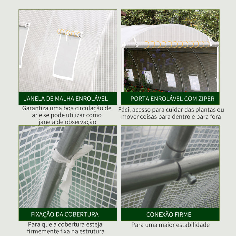 Estufa de Túnel 600x300x200cm com Porta Enrolável 12 Janelas Cobertura de PE 140g/m² e Metal Galvanizado para Cultivos de Plantas Verduras Branco