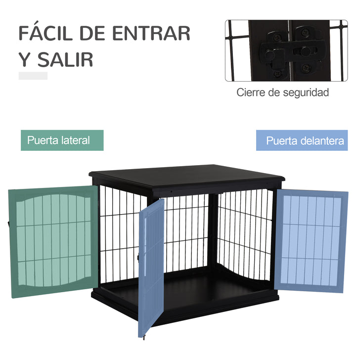 Gaiola para Cães Grande de Madeira com Superfície de Mesa 2 Portas e Grades de Metal 58,5x81x66cm Preto