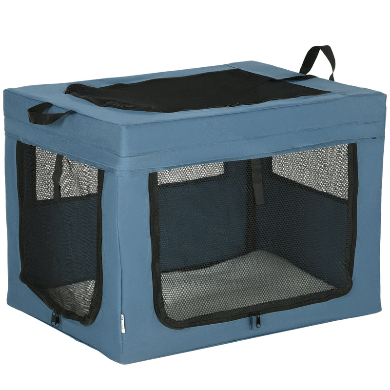 Transportadora para Cães e Gatos Bolsa Portátil e Dobrável para Animais de Estimação Transportadora com 3 Portas e Almofada Suave 69x51x51cm Azul