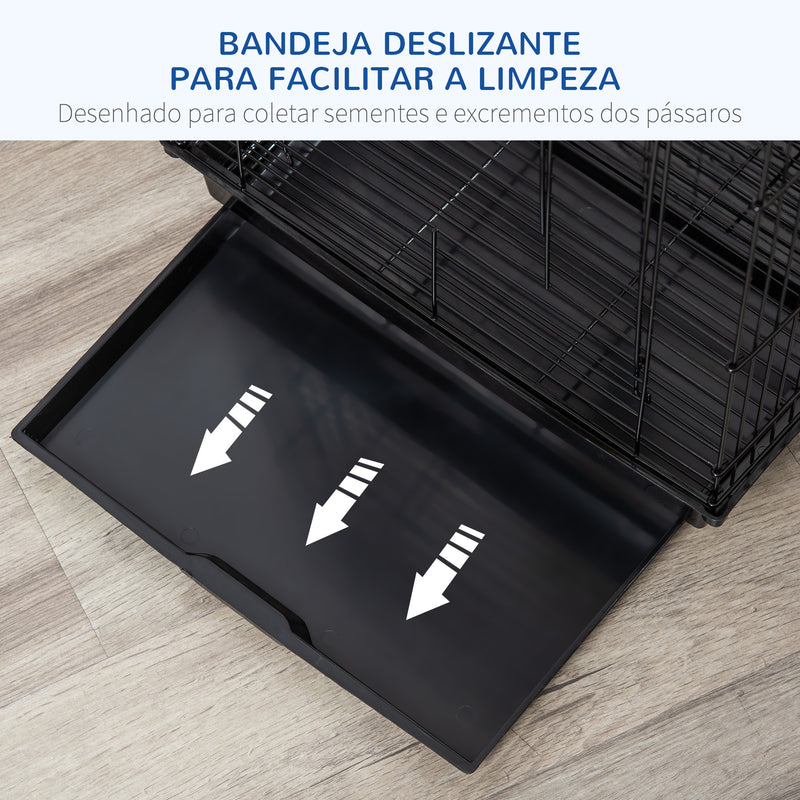 Gaiola para Pássaros Gaiola Metálica para Pássaros 40x40x59 cm com Teto Abatível 2 Poleiros 2 Comedouros e Bandeja Amovível para Canários Periquitos Preto