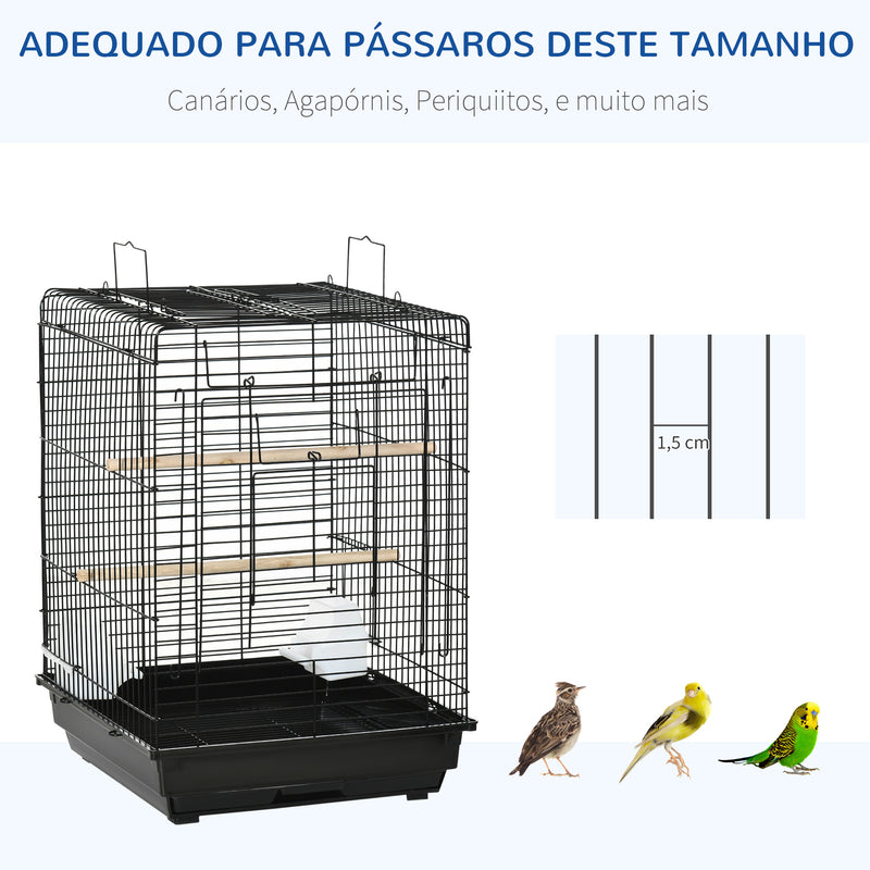 Gaiola para Pássaros Gaiola Metálica para Pássaros 40x40x59 cm com Teto Abatível 2 Poleiros 2 Comedouros e Bandeja Amovível para Canários Periquitos Preto