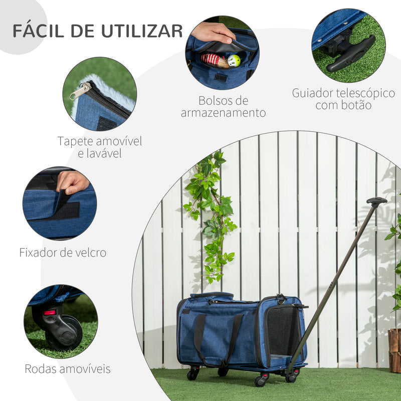 Transportadora para Animais de Estimação 4 em 1 com Rodas Bolsa de Transporte para Cães e Gatos com Cabo Telescópico de Alumínio 50x31x37 cm Azul